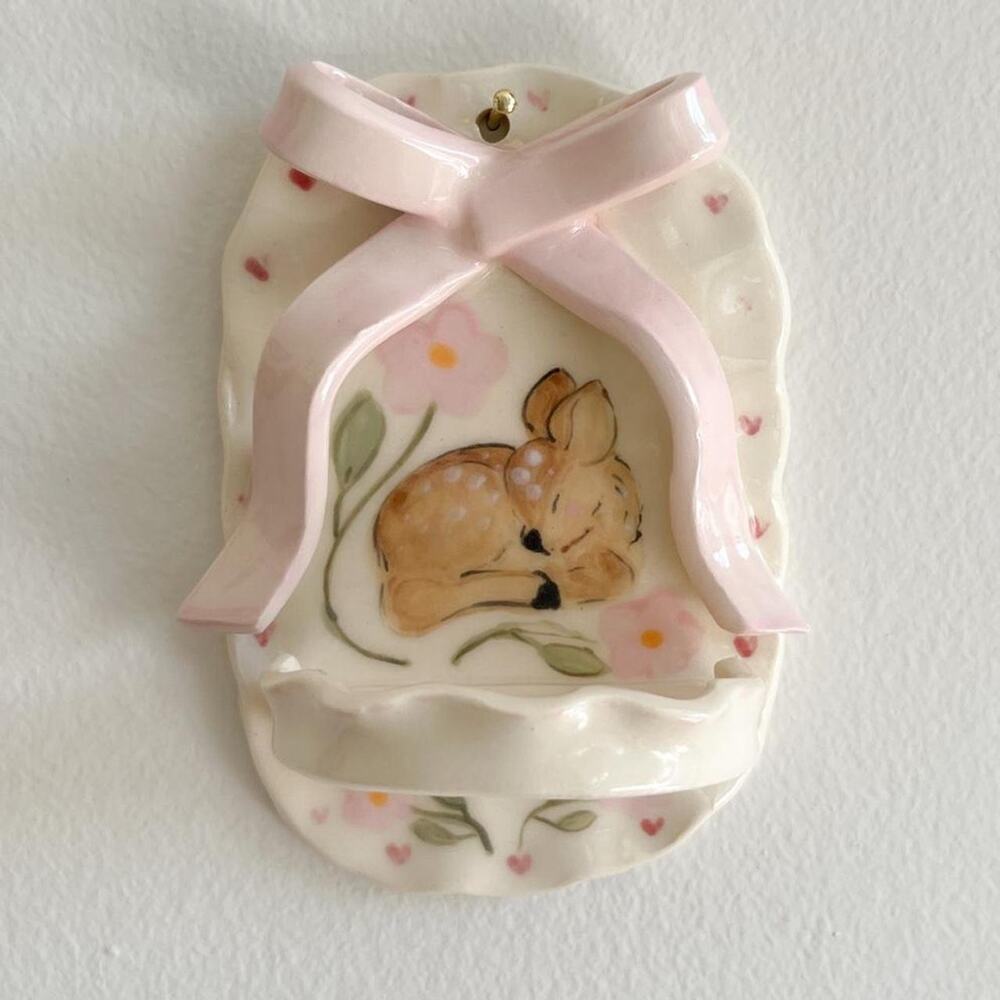 Drowsy Ceramics Pink Bow Fawn Wall Pocket Handmade One of One Coquette